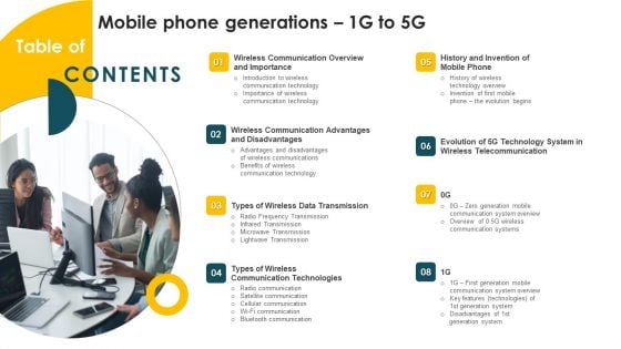 Table Of Contnets Mobile Phone Generations 1G To 5G Ppt Styles Graphic Tips PDF