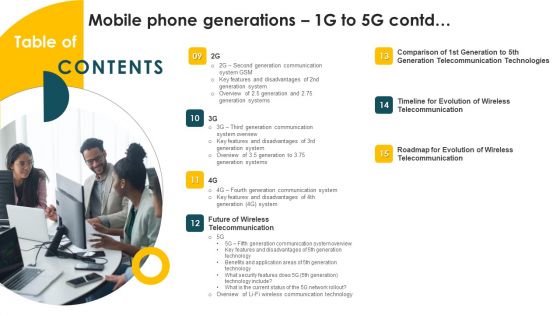 Table Of Contnets Mobile Phone Generations 1G To 5G Ppt Styles Graphic Tips PDF