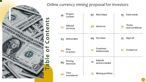 Table Of Contnets Online Currency Mining Proposal For Investors Ppt File Diagrams PDF