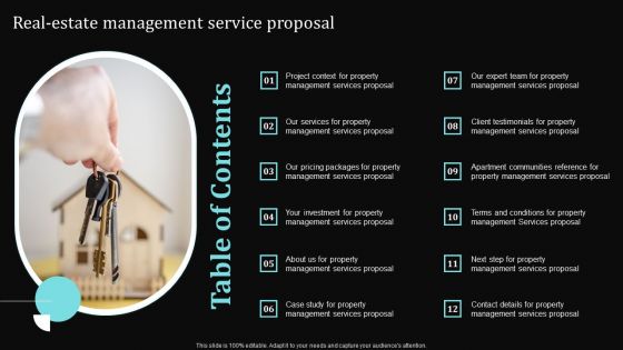 Table Of Contnets Real Estate Management Service Proposal Ppt Model Graphics PDF