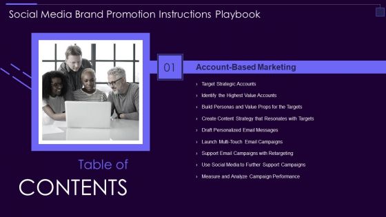 Table Of Contntes Social Media Brand Promotion Instructions Playbook Slide Ideas PDF