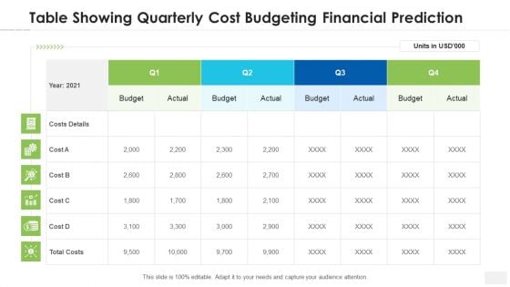 Table Showing Quarterly Cost Budgeting Financial Prediction Information PDF