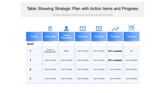 Table Showing Strategic Plan With Action Items And Progress Ppt PowerPoint Presentation Gallery Deck PDF