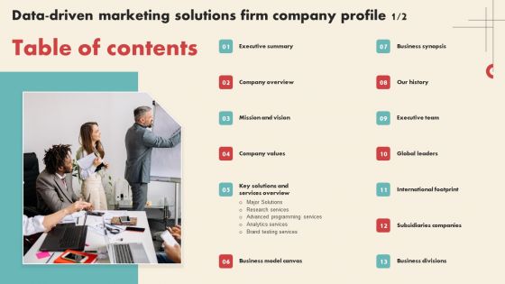 Tables Of Contents Data Driven Marketing Solutions Firm Company Profile Microsoft PDF