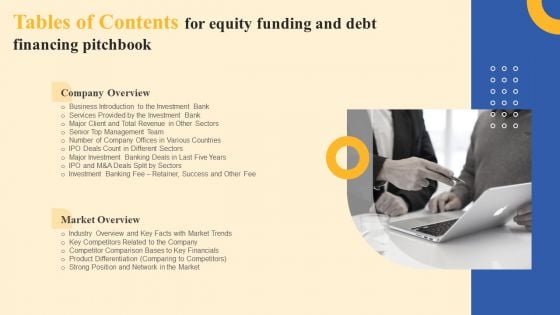 Tables Of Contents For Equity Funding And Debt Financing Pitchbook Template PDF