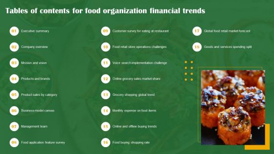Tables Of Contents For Food Organization Financial Trends Ppt Model Gridlines PDF
