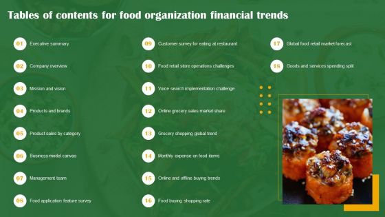 Tables Of Contents For Food Organization Financial Trends Ppt Model Gridlines PDF Tables Of Contents For Food Organization Financial Trends Ppt Model Gridlines PDF