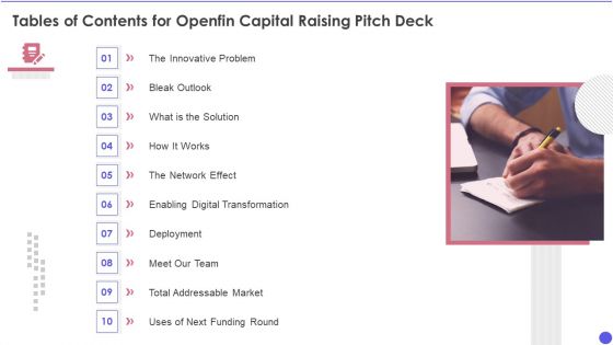Tables Of Contents For Openfin Capital Raising Pitch Deck Ppt Layouts Themes PDF Tables Of Contents For Openfin Capital Raising Pitch Deck Ppt Layouts Themes PDF