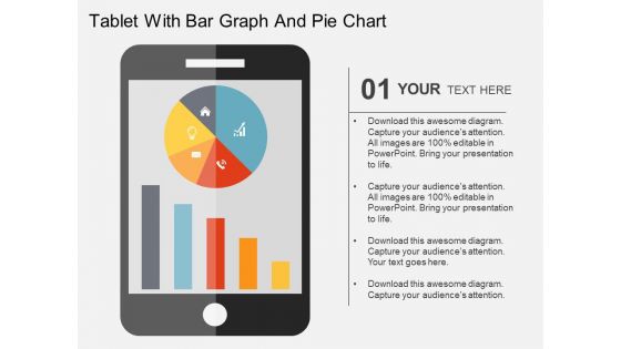 Tablet With Bar Graph And Pie Chart Powerpoint Templates