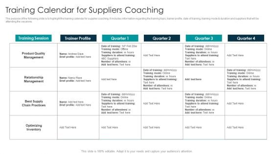 Tactical Approach For Vendor Reskilling Training Calendar For Suppliers Coaching Sample PDF