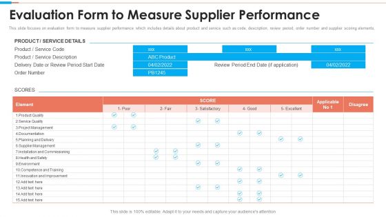 Tactical Approach To Vendor Relationship Evaluation Form To Measure Supplier Performance Pictures PDF