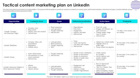 Tactical Content Marketing Plan On Linkedin Template PDF