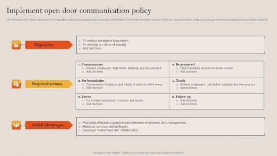 Tactical Employee Engagement Action Planning Implement Open Door Communication Policy Microsoft PDF