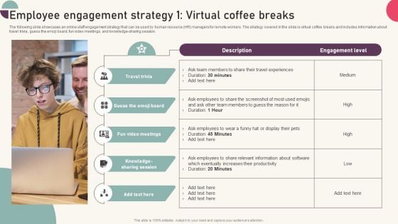 Tactics For Establishing Sustainable Hybrid Work Environment Employee Engagement Strategy 1 Virtual Coffee Infographics PDF Tactics For Establishing Sustainable Hybrid Work Environment Employee Engagement Strategy 1 Virtual Coffee Infographics PDF