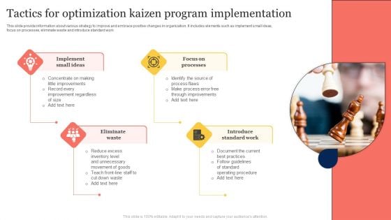 Tactics For Optimization Kaizen Program Implementation Clipart PDF