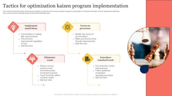 Tactics For Optimization Kaizen Program Implementation Clipart PDF Tactics For Optimization Kaizen Program Implementation Clipart PDF