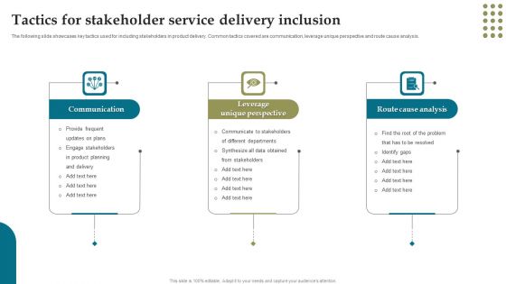 Tactics For Stakeholder Service Delivery Inclusion Ppt Layouts Template PDF Tactics For Stakeholder Service Delivery Inclusion Ppt Layouts Template PDF