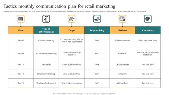 Tactics Monthly Communication Plan For Retail Marketing Background PDF