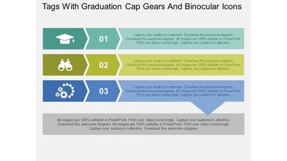 Tags With Graduation Cap Gears And Binocular Icons Powerpoint Templates