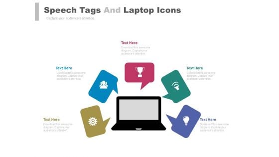 Tags With Laptop For Communication Strategy Powerpoint Template