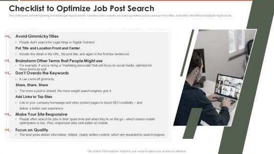 Talent Acquisition Marketing Checklist To Optimize Job Post Search Template PDF