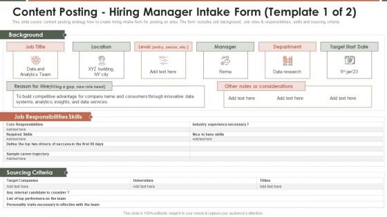 Talent Acquisition Marketing Content Posting Hiring Manager Intake Form Template 1 Of 2 Brochure PDF