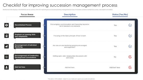 Talent Administration And Succession Checklist For Improving Succession Management Process Slides PDF