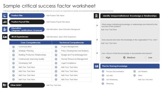 Talent Administration And Succession Sample Critical Success Factor Worksheet Diagrams PDF