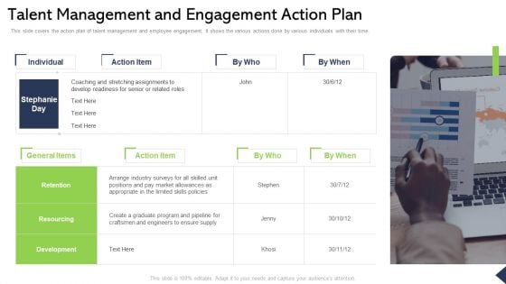 Talent Management And Engagement Action Plan Ppt Icon Example Topics PDF