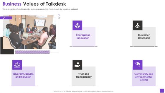 Talkdesk Investor Financing Business Business Values Of Talkdesk Slides PDF