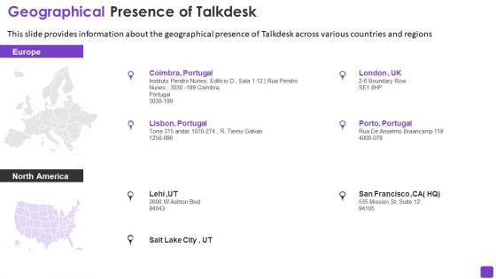 Talkdesk Investor Financing Business Geographical Presence Of Talkdesk Topics PDF