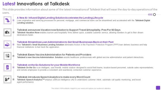 Talkdesk Investor Financing Business Latest Innovations At Talkdesk Icons PDF