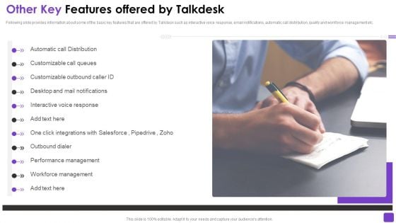 Talkdesk Investor Financing Business Other Key Features Offered By Talkdesk Inspiration PDF