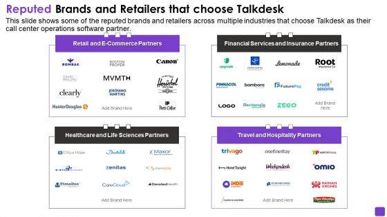 Talkdesk Investor Financing Business Reputed Brands And Retailers That Choose Talkdesk Download PDF