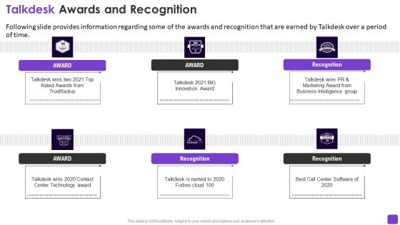 Talkdesk Investor Financing Business Talkdesk Awards And Recognition Themes PDF