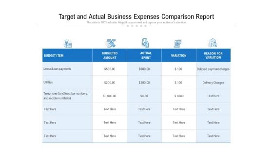 Target And Actual Business Expenses Comparison Report Ppt PowerPoint Presentation File Picture PDF