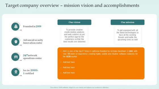 Target Company Overview Mission Vision And Accomplishments Guide For Successful Summary PDF