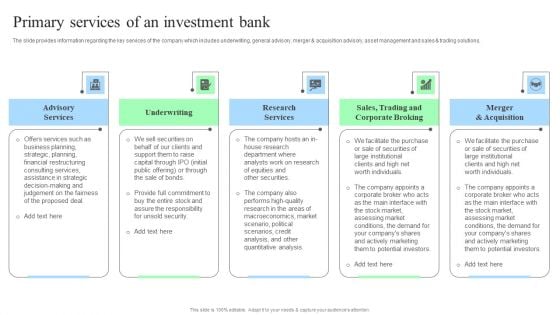 Target Consumers And Market Valuation Overview Primary Services Of An Investment Bank Pictures PDF