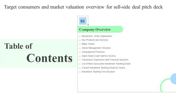 Target Consumers Market Valuation Overview Sell Side Deal Pitch Deck Table Of Contents Elements PDF