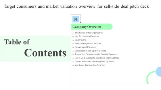 Target Consumers Market Valuation Overview Sell Side Deal Pitch Deck Table Of Contents Elements PDF Target Consumers Market Valuation Overview Sell Side Deal Pitch Deck Table Of Contents Elements PDF