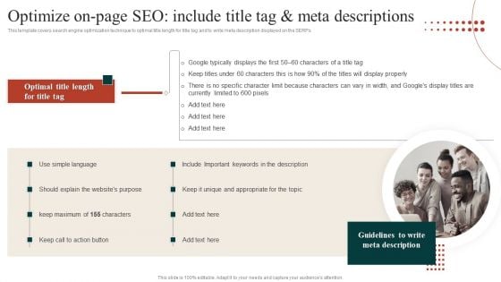 Target Marketing Techniques Optimize On Page SEO Include Title Tag And Meta Descriptions Sample PDF