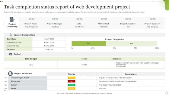 Task Completion Status Report Of Web Development Project Sample PDF
