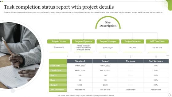 Task Completion Status Report With Project Details Information PDF