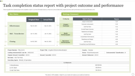 Task Completion Status Report With Project Outcome And Performance Pictures PDF