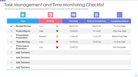 Task Management And Time Monitoring Checklist Summary PDF