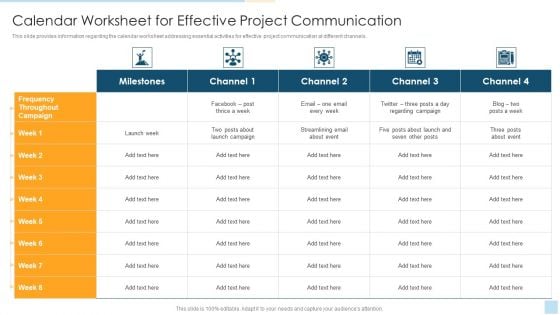 Task Management For Successful Project Delivery Calendar Worksheet For Effective Project Communication Ideas PDF