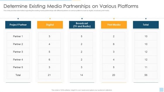 Task Management For Successful Project Delivery Determine Existing Media Partnerships On Various Platforms Mockup PDF