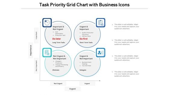 Task Priority Grid Chart With Business Icons Ppt PowerPoint Presentation Gallery Icons PDF