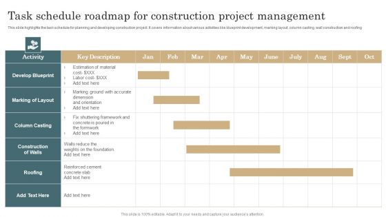 Task Schedule Roadmap For Construction Project Management Structure PDF