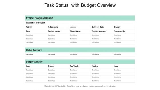 Task Status With Budget Overview Ppt PowerPoint Presentation Model Example Introduction